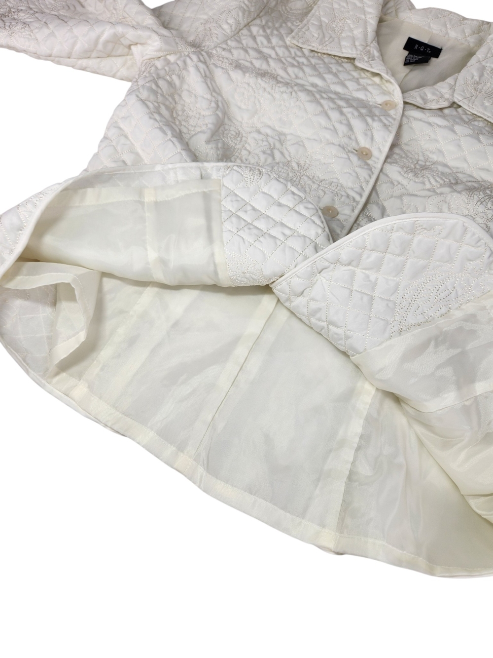 R.Q.T Women's Quilted Embroidered Jacket Ivory Floral Button Front Lined Size L - Picture 12 of 16